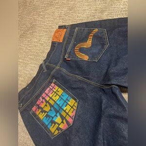 Evisu Men's Vintage Wide Leg Jeans Size 42 Embroidered Pockets button flap
